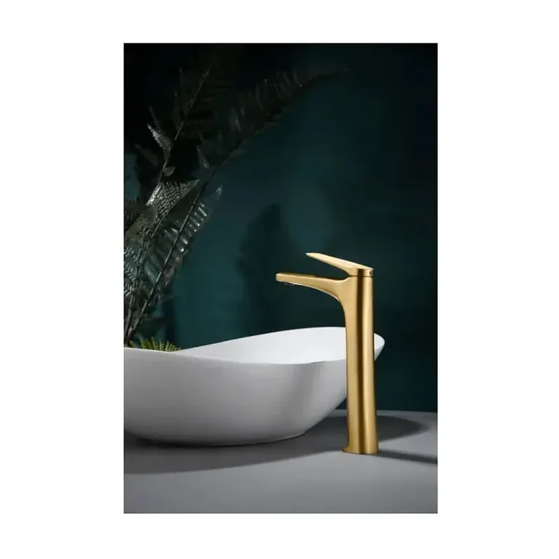 Grifo monomando caño alto para lavabo fabricado en latón con acabado oro cepillado Delos de Imex