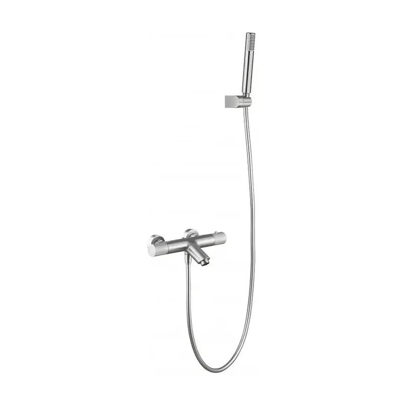 Grifo de bañera y ducha termostático con un diseño moderno de acabado níquel cepillado Line de Imex