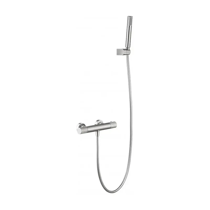 Grifo de ducha termostático con teleducha fabricada en latón de color níquel cepillado Line de Imex