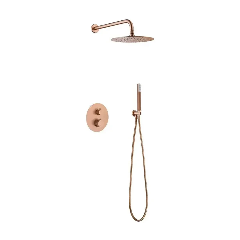 Conjunto de ducha termostático empotrado con rociador a pared acabado oro rosa cepillado Line de Imex