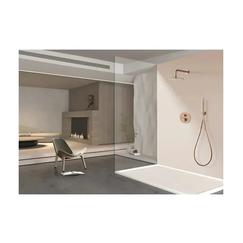 Conjunto de ducha termostático empotrado con rociador a pared acabado oro rosa cepillado Line de Imex