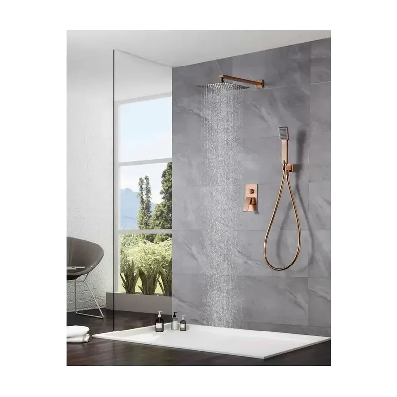 Conjunto de ducha monomando empotrado con mango y rociador acabado oro rosa cepillado Pisa de Imex