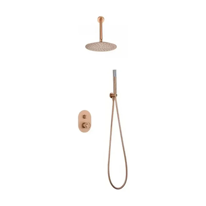 Conjunto de ducha monomando empotrado con rociador a techo acabado oro rosa cepillado vesubio Olimpo de Imex
