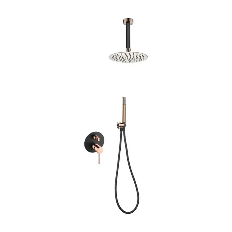 Conjunto moderno de ducha con un diseño monomando de acabado negro mate y oro rosa stick Milos de Imex