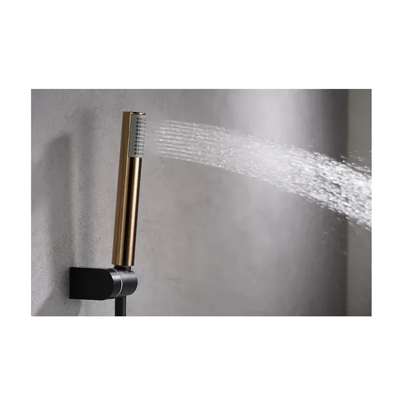 Conjunto moderno de ducha con un diseño monomando de acabado negro mate y oro rosa stick Milos de Imex