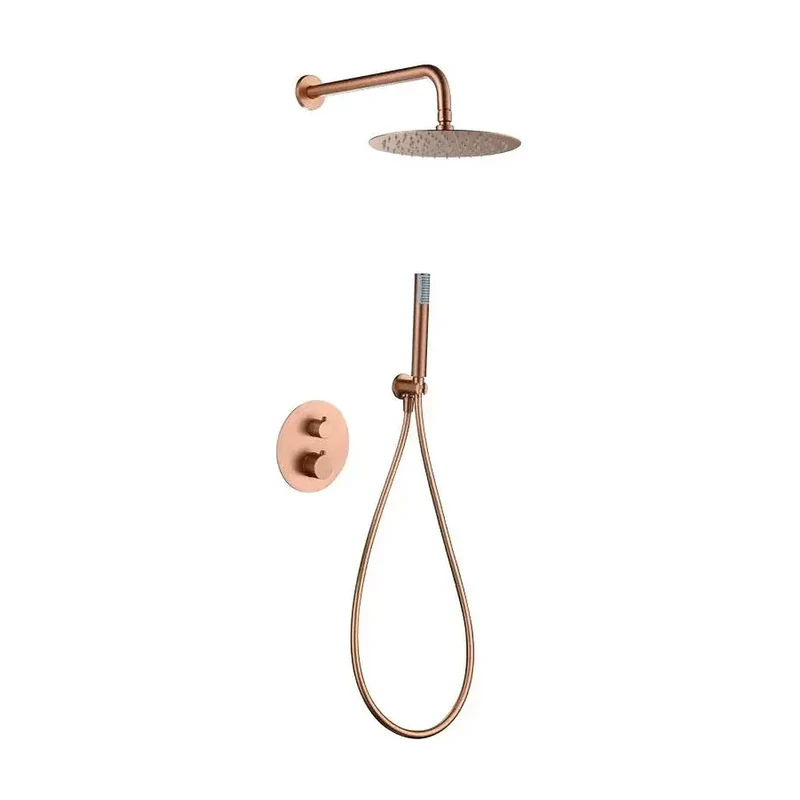 Conjunto de ducha termostático empotrado con rociador a pared acabado oro rosa cepillado Genova de Imex