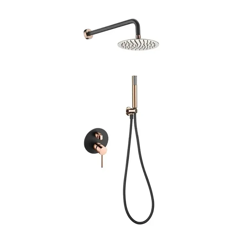 Conjunto de pared para ducha empotrada de diseño moderno en color negro mate y oro rosa stick Milos de Imex