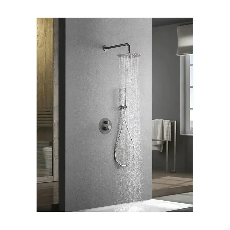 Conjunto para ducha de diseño empotrado con un acabado gris mate y champagne Line de Imex
