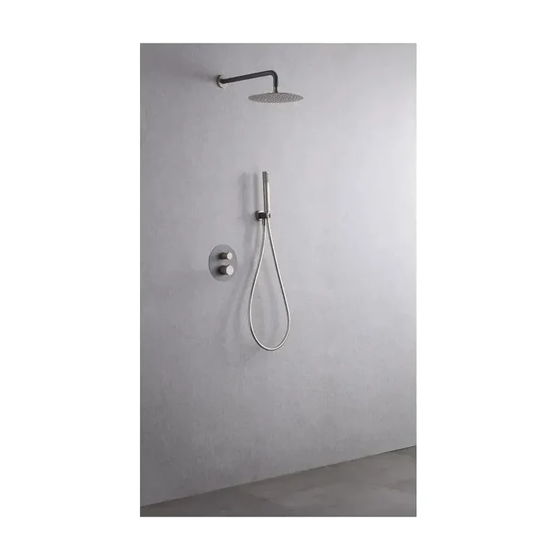 Conjunto para ducha termostática empotrado de acabado gris mate y champagne Line de Imex