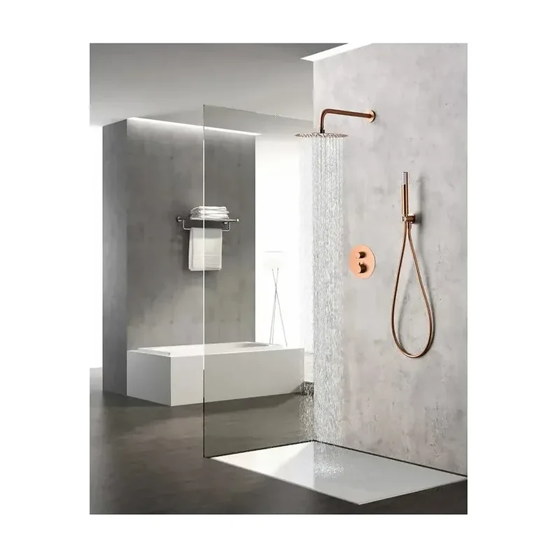Conjunto de grifo termostático empotrado de 2 vías y ducha de mano con acabado en oro rosa cepillado tivoli Monza de Imex