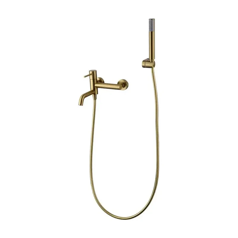 Conjunto de grifo monomando con ducha de mano fabricado en latón y abs con acabado oro cepillado Monza de Imex