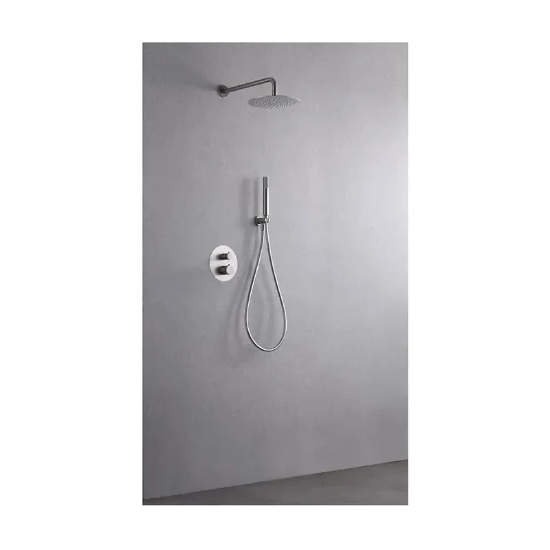 Conjunto moderno de ducha termostática empotrado en color níquel cepillado Line de Imex