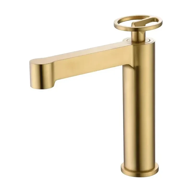 Grifo monomando con caño alto para lavabo hecho de latón con acabado oro cepillado Olimpo de Imex