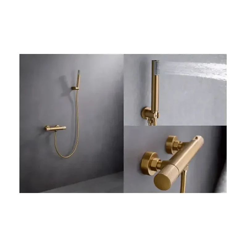 Grifo para ducha termostático con un diseño elegante de color oro cepillado Line de Imex
