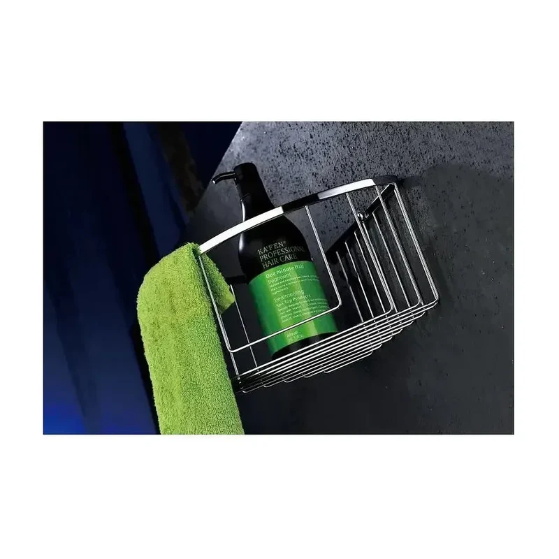 Estante de rejilla con forma triangular para baño fabricada en acero inoxidable con acabado cromado de Imex