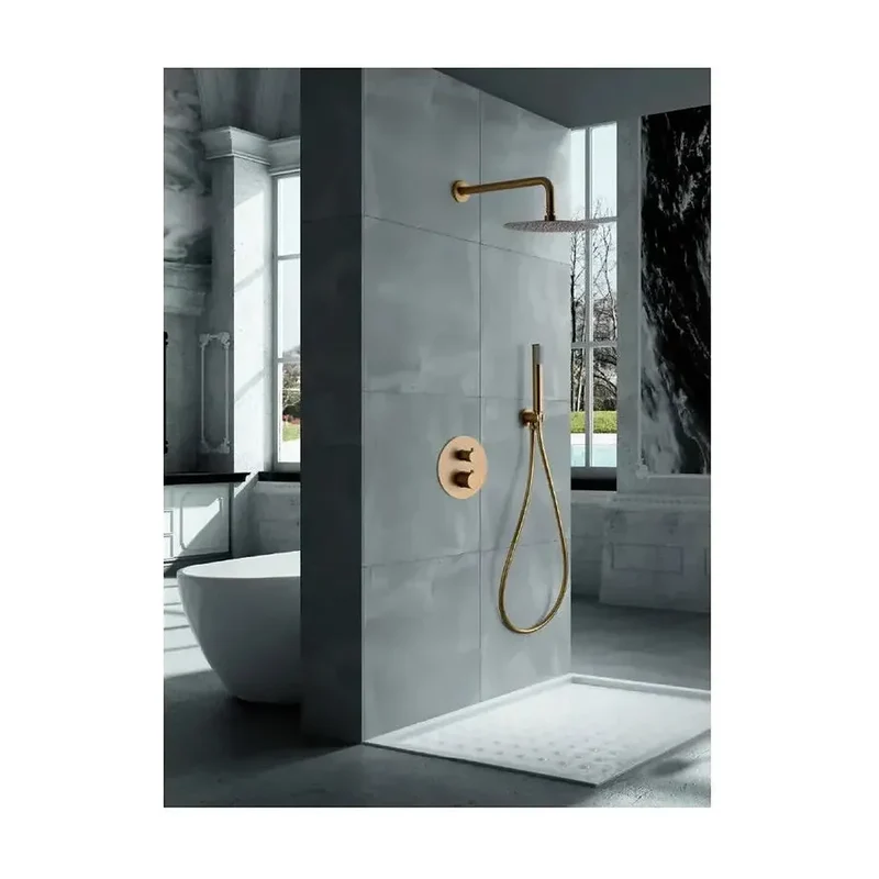 Conjunto de ducha termostática empotrada con un diseño moderno de acabado oro cepillado Line de Imex