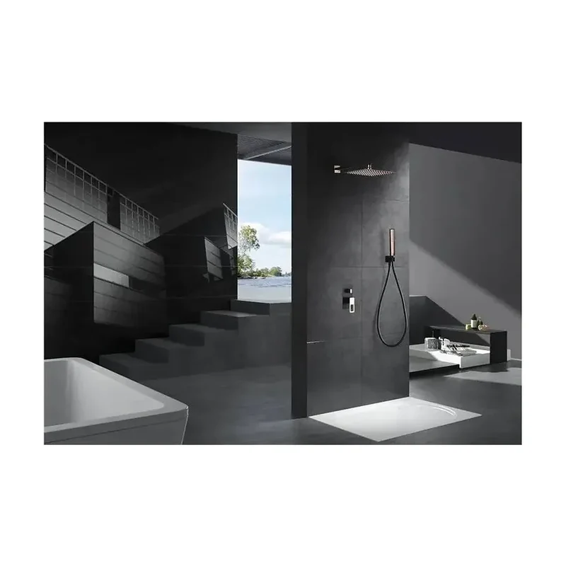 Conjunto de ducha empotrada con un diseño moderno de acabado negro y oro rosa Suecia de Imex