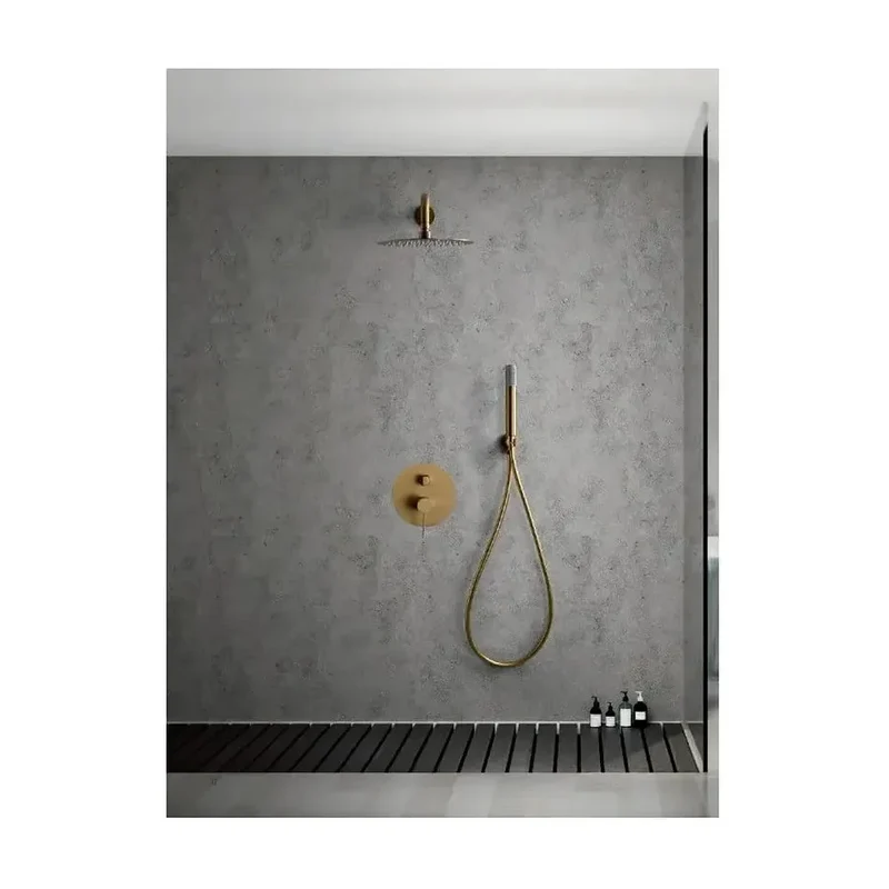 Conjunto de ducha moderna de diseño monomando con un acabado oro cepillado Line de Imex