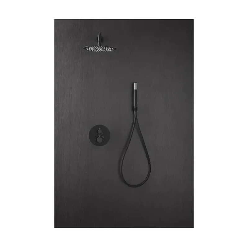 Conjunto para ducha termostática de diseño empotrado con un acabado negro mate Line de Imex