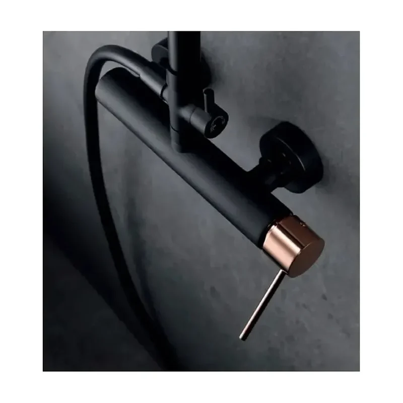 Columna de pared para ducha empotrada de diseño moderno en color negro mate y oro rosa stick Milos de Imex