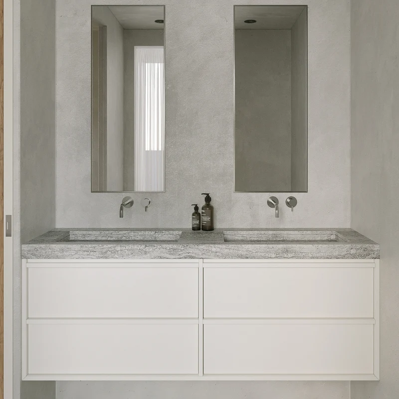 Conjunto de baño Fien - Blanco - 150 cm - Travertino gris Soumans