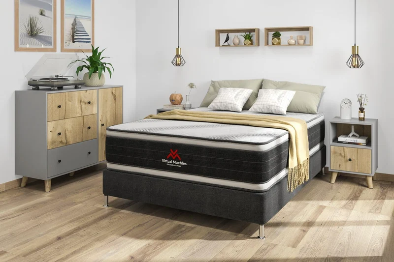 Combo para Habitación Bela, Incluye Base Cama Doble, Colchón y Protector
