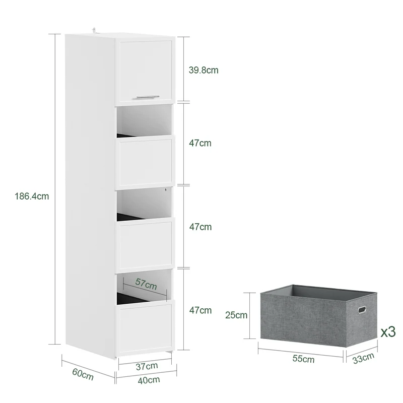 SoBuy BZR232-W Armario Multiusos de Baño Blanco Mueble Lavadero Alto y Estrecho 60x40x186.4 cm