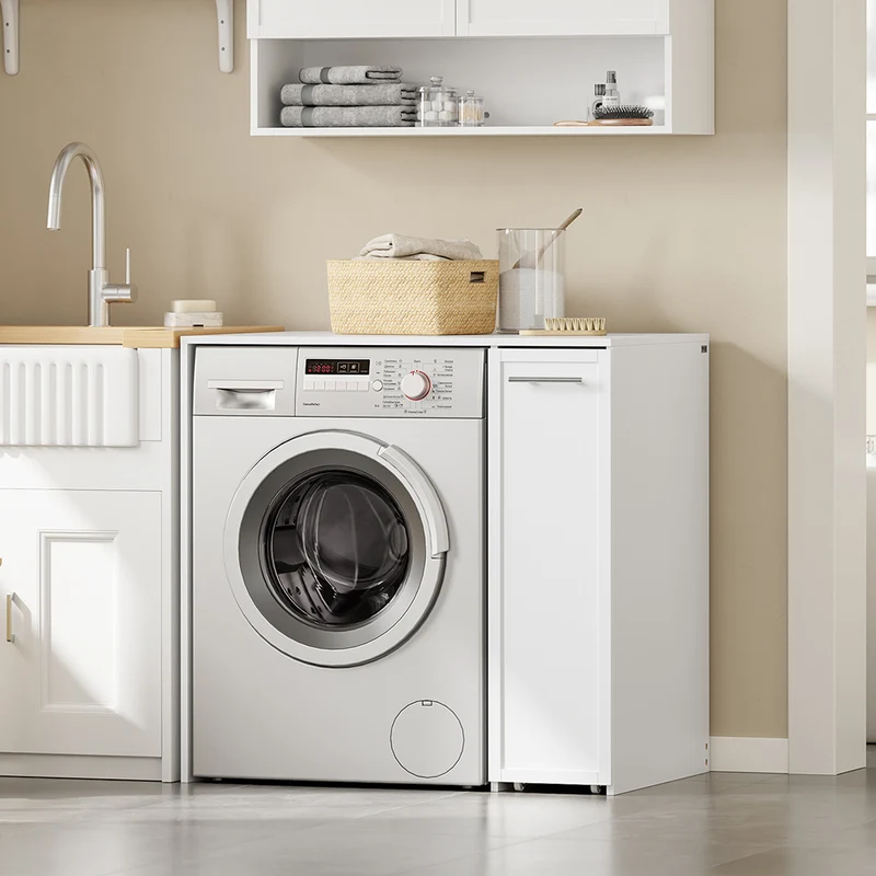 SoBuy BZR229-W Mueble lavadora y secadora con puerta Armario para lavadora con cajón Blanco