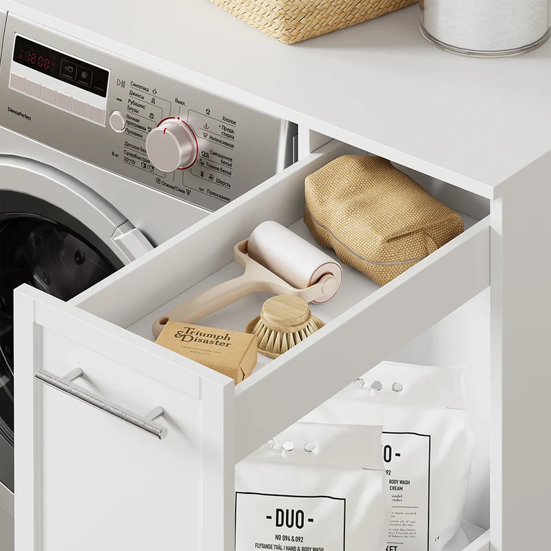 SoBuy BZR229-W Mueble lavadora y secadora con puerta Armario para lavadora con cajón Blanco