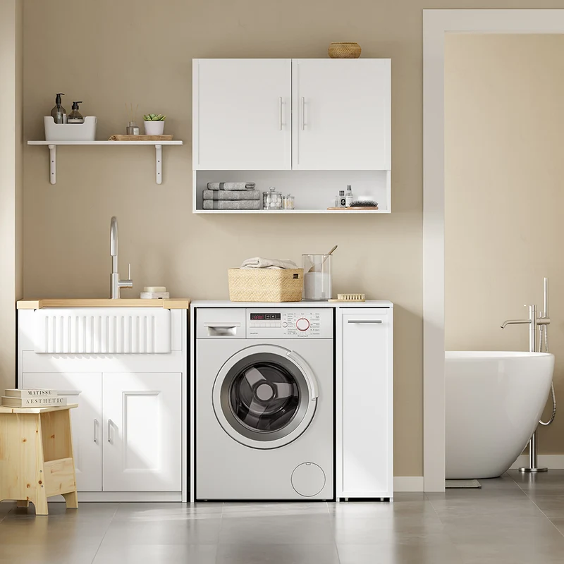 SoBuy BZR229-W Mueble lavadora y secadora con puerta Armario para lavadora con cajón Blanco