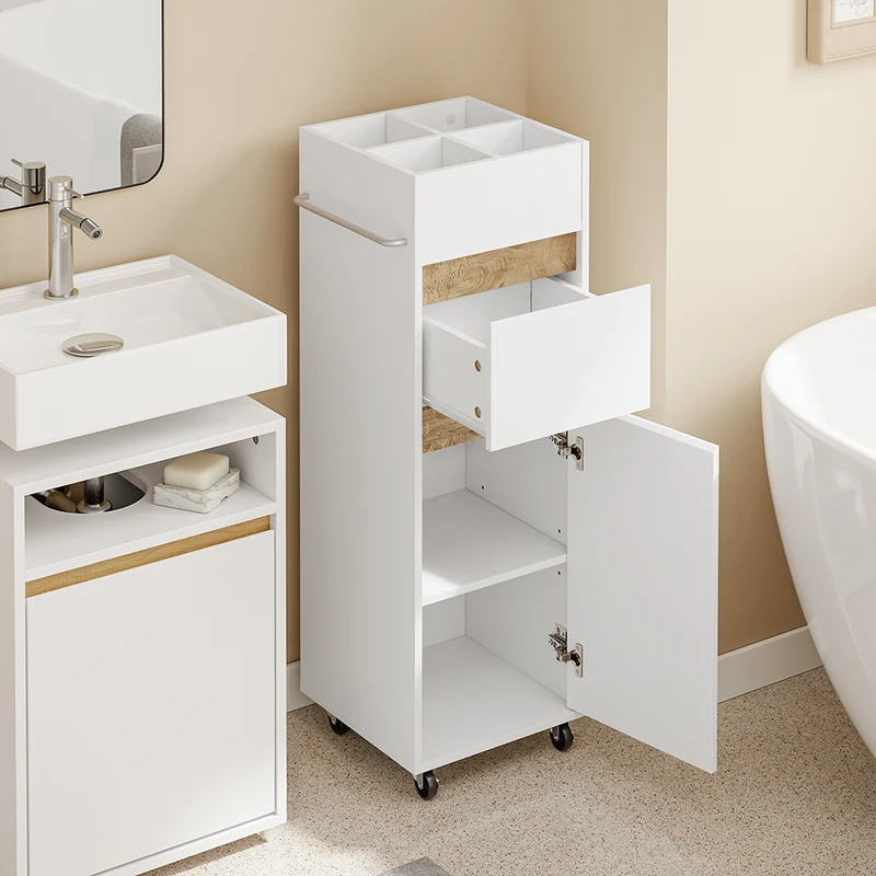 SoBuy BZR225-WN Mueble Auxiliar Estrecho con Ruedas Armario de Baño con Cajón y Puerta Blanco