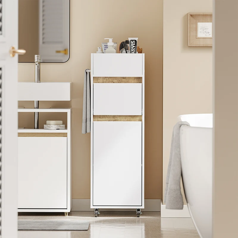 SoBuy BZR225-WN Mueble Auxiliar Estrecho con Ruedas Armario de Baño con Cajón y Puerta Blanco