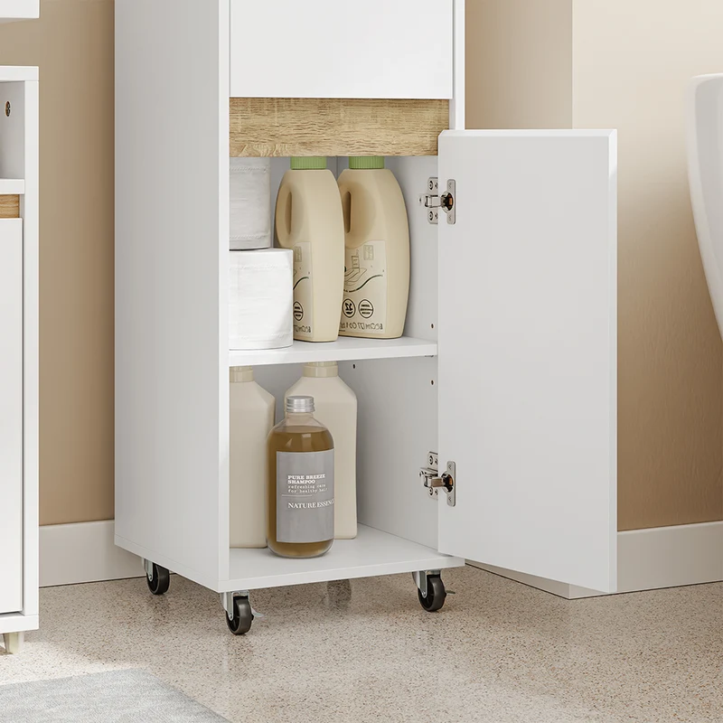 SoBuy BZR225-WN Mueble Auxiliar Estrecho con Ruedas Armario de Baño con Cajón y Puerta Blanco