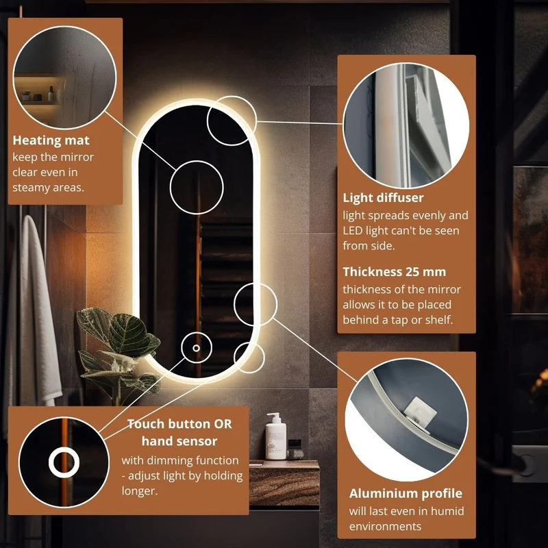 Pill oval LED mirror with front lighting 315x700mm