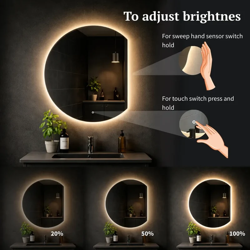 Semicircle cut 3/4 mirror with rear lighting 600x800mm