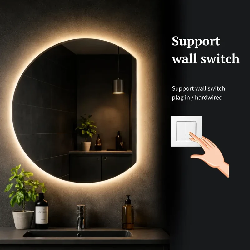 Semicircle cut 3/4 mirror with rear lighting 600x800mm