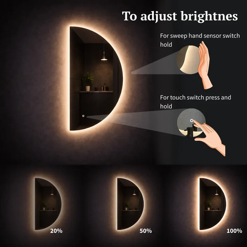 Half-circle LED mirror with rear lighting 600x1200mm