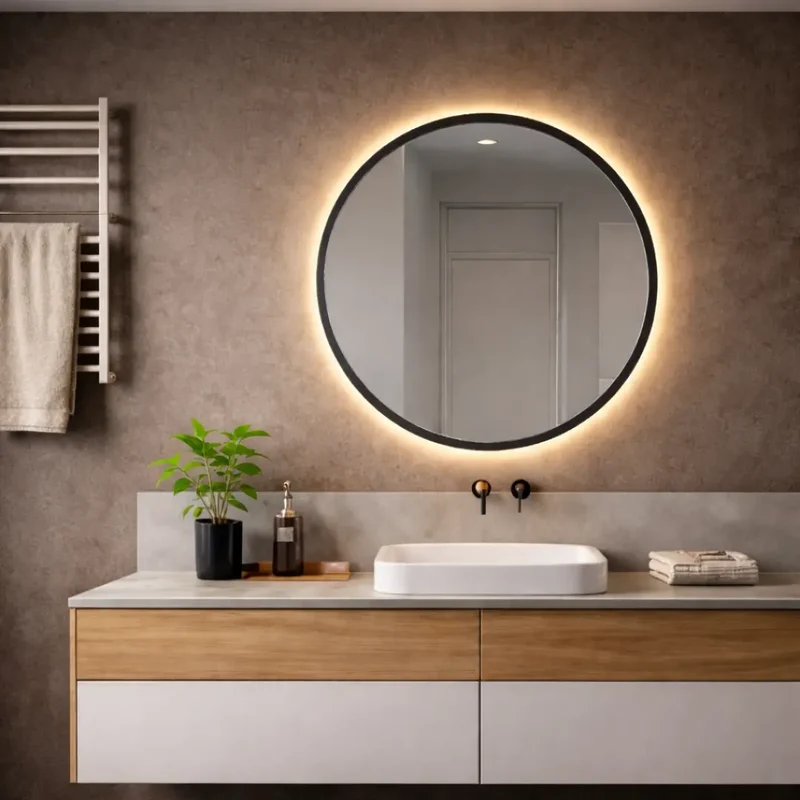 Round black framed mirror with rear lighting Ø 600mm