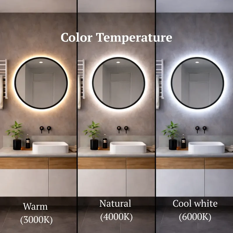 Round black framed mirror with rear lighting Ø 600mm