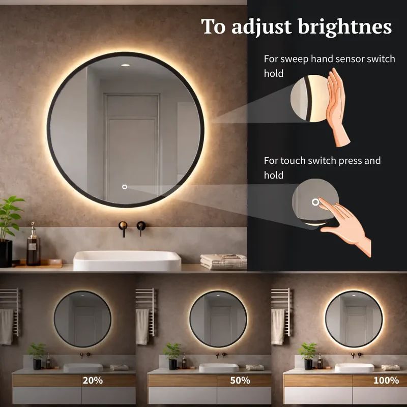 Round black framed mirror with rear lighting Ø 600mm