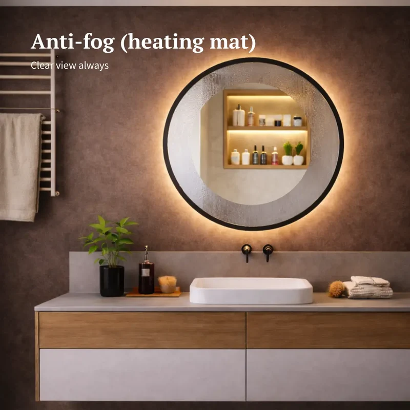 Round black framed mirror with rear lighting Ø 600mm