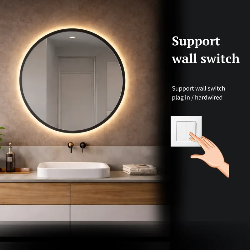 Round black framed mirror with rear lighting Ø 600mm