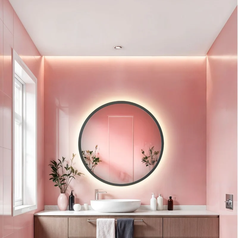 Round black framed mirror with rear lighting Ø 600mm