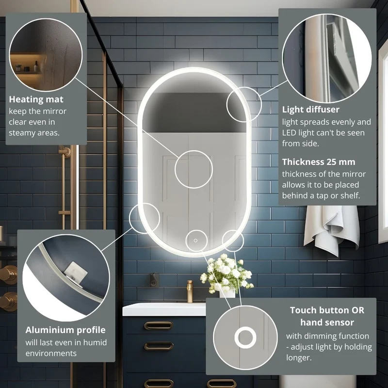 Pill oval LED mirror with front lighting 420x700mm