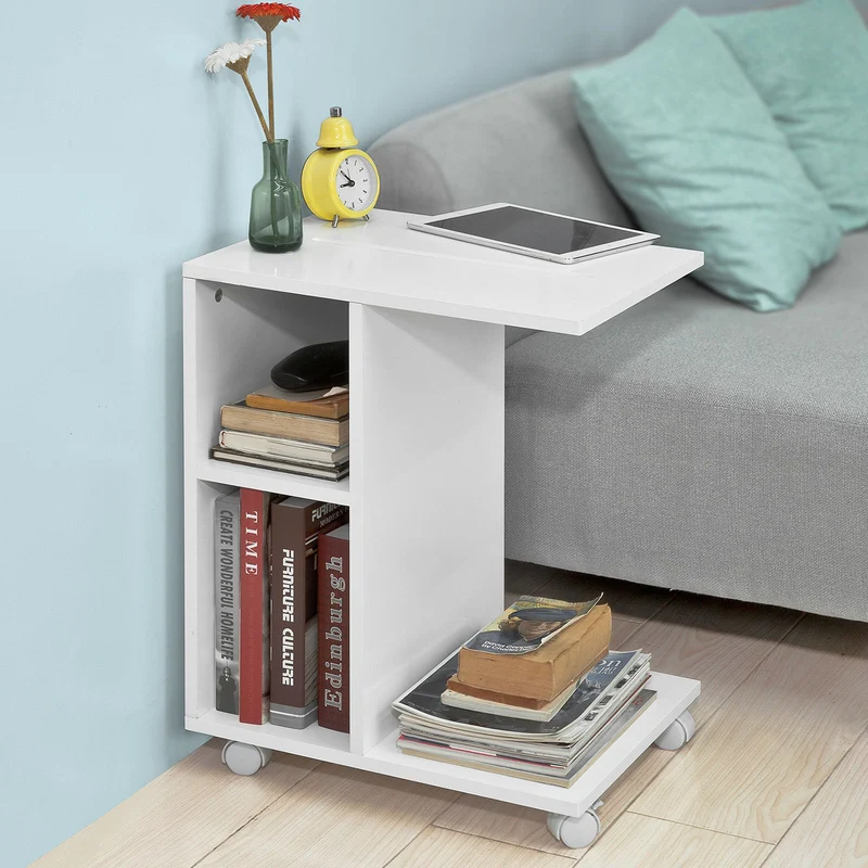 SoBuy FBT48-W Mesa Auxiliar con 2 Estantes Blanco