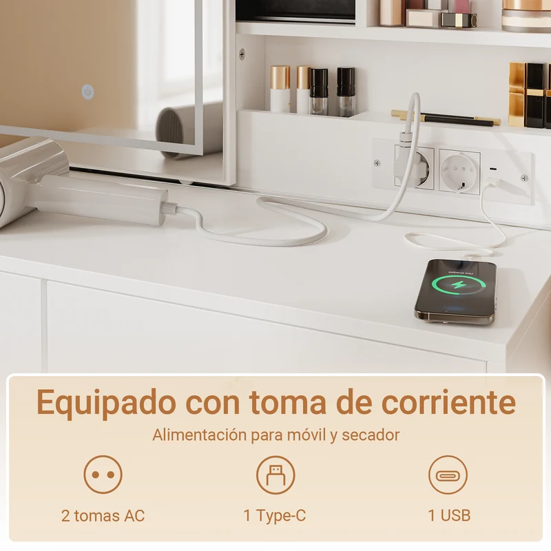 SoBuy FWT114-E-W Tocador con LED estación de Carga y Taburete Blanco 120x40x127cm