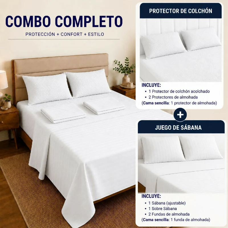 Combo Protector Colchon + Juego De Sábanas Sencilla Blanco