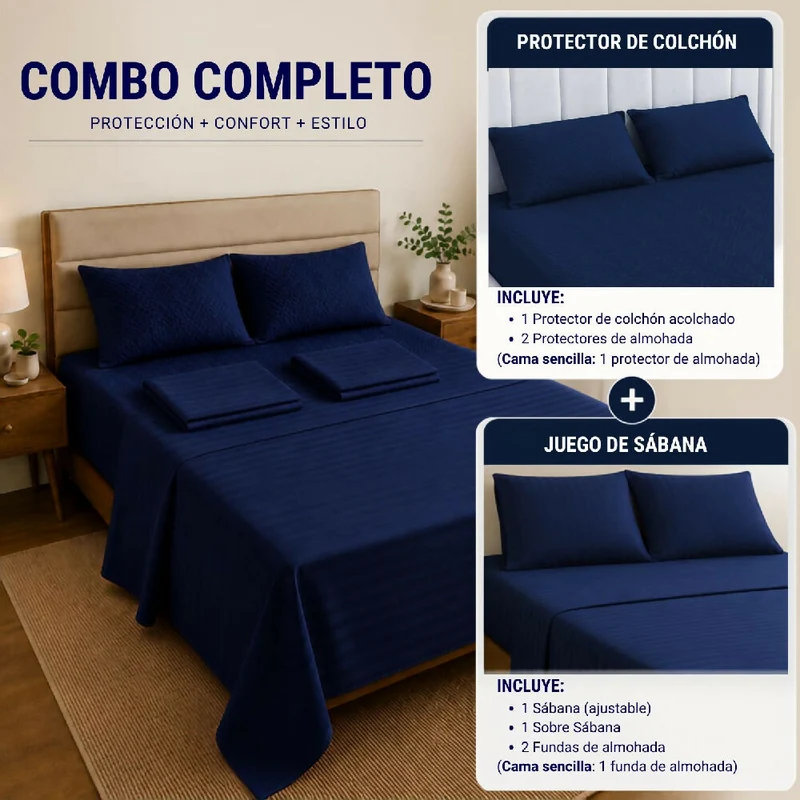 Combo Protector Colchon + Juego De Sábanas Doble Azul