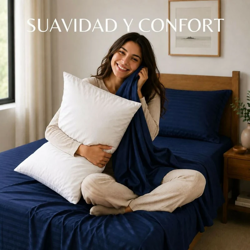 Combo Juego De Sábanas + 2 Almohadas Siliconadas Doble Azul