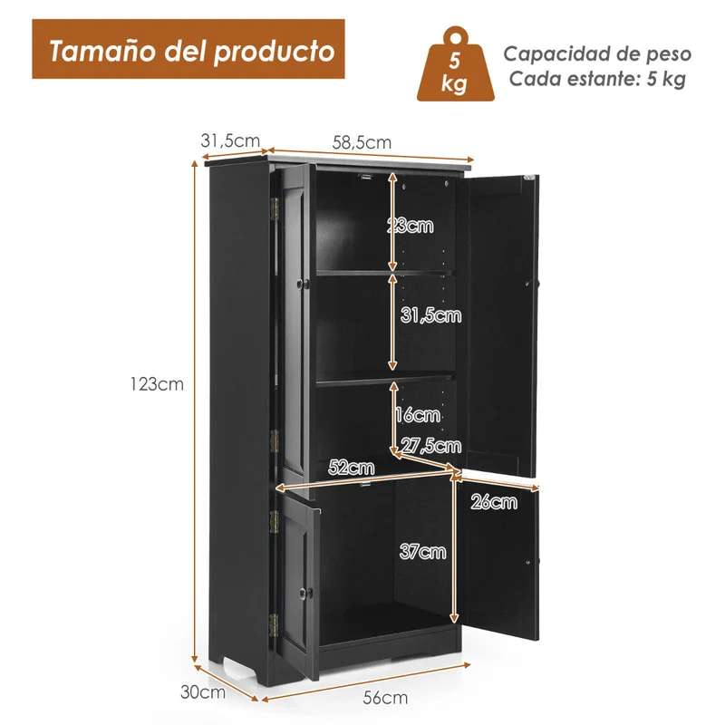 Costway - Armario oficina, Armarios de cocina, Armario de baño, Armarios pequeños, Doble Puerta con Repisa Regulable, Dispositivo Antivuelco, Negro